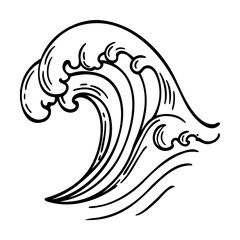 Stylized black and white illustration of a large ocean wave surging over itself