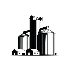 Industrial grain elevator and silos with small buildings in a black and white graphic style © motiur vector artist