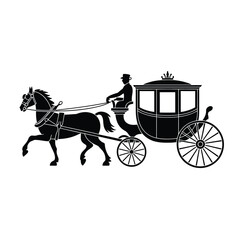 Silhouette of a horse drawn carriage with a driver and passenger