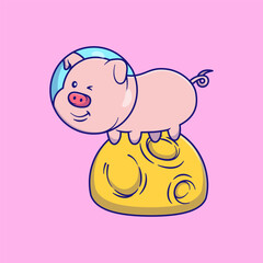 Cartoon Space Pig with Astronaut Helmet – Cute Piggy on Planet Vector Illustration
