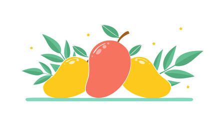 Friendly tropical scene yellow mangoes and coral red mango with glossy highlights leafy accents sprinkled dots wide open white negative space