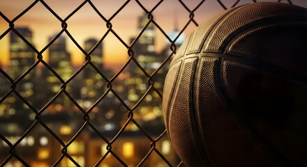 Nostalgic basketball view on rooftop in the city, showcasing the texture of the ball against the urban skyline.