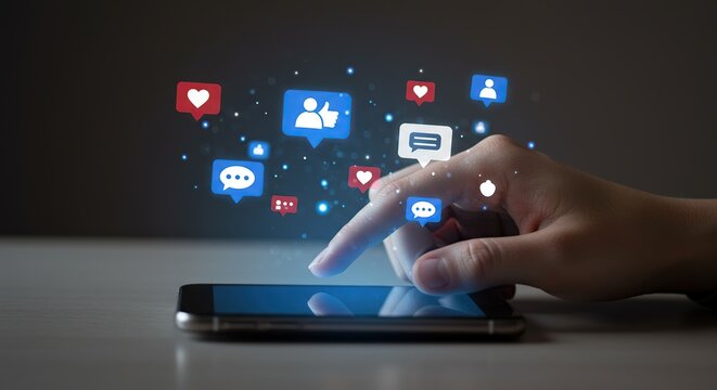 Person s finger interacting with social media icons on a smartphone screen - Powered by Adobe