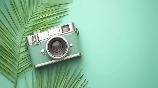 Vintage Camera and Tropical Palm Fronds: A Capture of Nostalgia and Paradise
