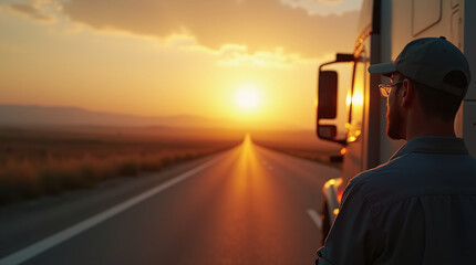 truck driver in casual shirt and cap looking at the sunset over a long highway, semi truck driving into the distance, golden hour light, cinematic feel