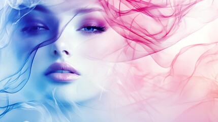 A woman with purple and pink makeup, wearing a white dress, with flowing red and blue smoke behind her.