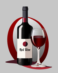 Wine in a bottle and a glass.Vector color illustration with red wine in a bottle and glass.