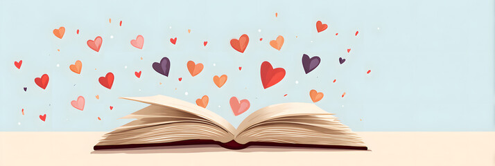 World Book Lovers Day. Horizontal banner. Open book with hearts above the pages. Copy space. Day of knowledge, day of literacy. Back to school, education learning concept. National library Day