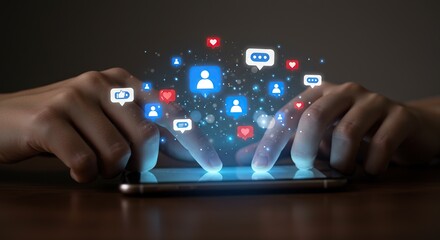 Hands interacting with a smartphone displaying social media notifications and icons
