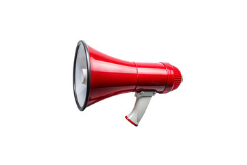 Red megaphone with white handle positioned at angle showing speaker cone opening, isolated on a transparent background