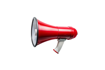 Red megaphone with white handle positioned at angle showing speaker cone opening, isolated on a transparent background