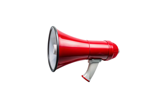 Red megaphone with white handle positioned at angle showing speaker cone opening, isolated on a transparent background