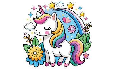 Adorable cartoon unicorn with a rainbow and flowers surrounded by stars and clouds perfect for children s designs and fantasy themes