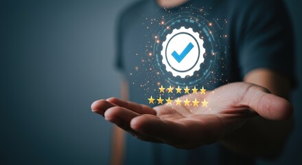 Customer satisfaction and quality assurance symbol with stars floating above open hand