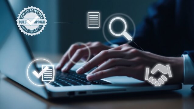 Hands typing on a laptop with glowing icons representing quality assurance and business processes