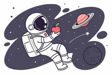 Apple Astronaut Floating in Space with Helmet Reflection Vector Illustration