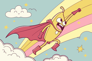 Banana Superhero Flying with Billowing Cape Bright and Colorful Vector Design