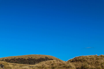 Tranquil Volcanic Plateau and Distant Mountain View on a Bright Cloudy Day