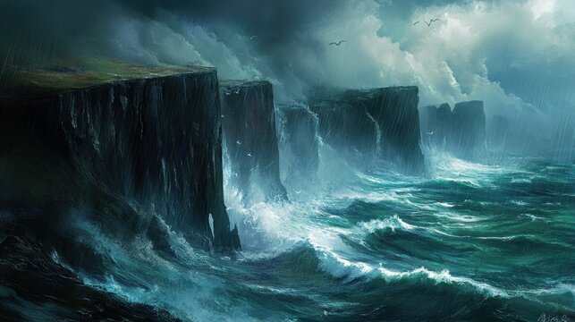 Dramatic coastal landscape. Dark, stormy cliffs meet tumultuous ocean waves. Heavy clouds and rain fill the sky above