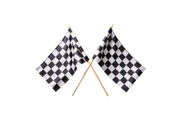 Two crossed black and white checkered racing flags on wooden poles positioned diagonally, isolated on a transparent background