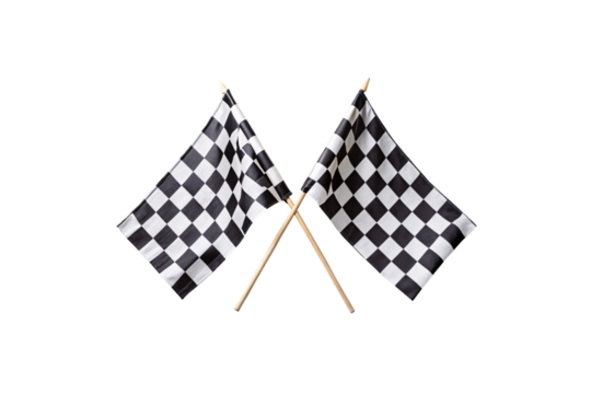 Two crossed black and white checkered racing flags on wooden poles positioned diagonally, isolated on a transparent background