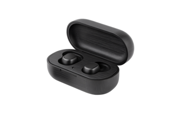 Black wireless earbuds case open showing two earbuds inside charging compartment with wood texture, isolated on a transparent background
