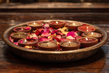 Multiple small clay diyas arranged in a circular pattern on a vintage brass tray, scattered rose petals and mango leaves between them, placed on a polished wooden table, rich festive texture
