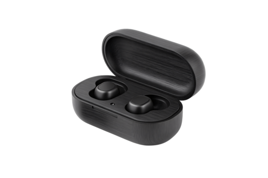 Black wireless earbuds case open showing two earbuds inside charging compartment with wood texture, isolated on a transparent background