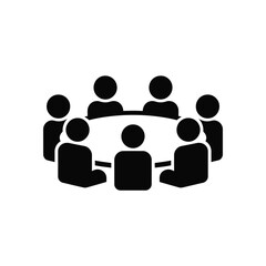 Stylized black icon of people sitting around a circular table in discussion