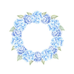 Watercolor wreath with blue and purple hydrangea flowers and leaves. Hand drawn illustration isolated on white background