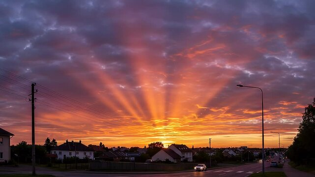 Dramatic Sunset Sky With Radiant Orange And Red Hues Over Residential Area