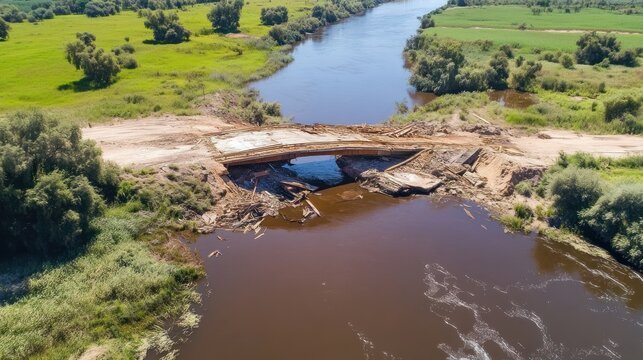 Damaged Bridge Over River.  Aerial view of a partially collapsed bridge over a river, with construction debris and exposed supports.  Surrounding landscape shows fields and vegetation