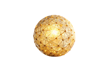 Golden geometric sphere with triangular wireframe pattern and warm glowing LED lights illuminated, isolated on a transparent background