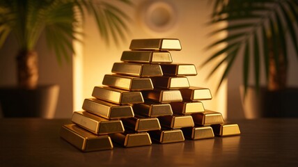 Stack of shiny gold ingots suggests wealth and investment