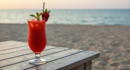 Red cocktail with strawberry garnish on wooden table near beach and ocean.