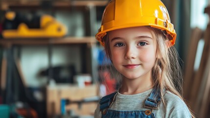 A young girl wearing a yellow hard hat stands in a workshop, smiling at the camera.