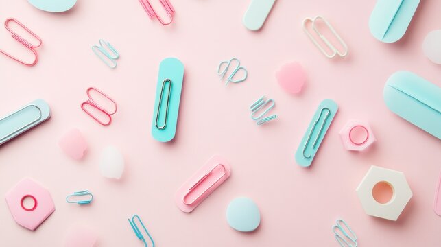 Pastel stationery supplies scattered on a pink background.  Colorful paperclips, clips, and buttons create a playful aesthetic - Powered by Adobe