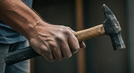 Hand holding a hammer tool with a wooden handle against a blurred background.