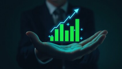 Businessman holding a glowing green bar graph with an upward trending blue arrow