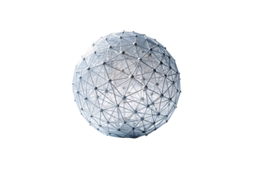 Detailed wireframe geodesic sphere showing triangular mesh pattern with connection points creating three-dimensional geometric network visualization, isolated on a transparent background
