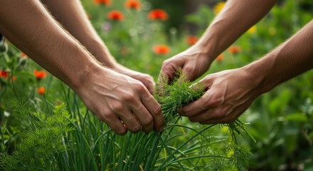 Three hands harvesting green herbs outdoors in a garden setting.