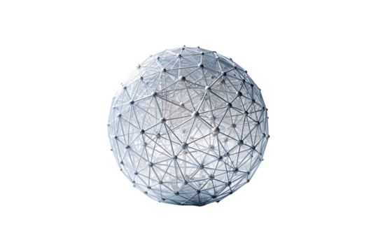 Detailed wireframe geodesic sphere showing triangular mesh pattern with connection points creating three-dimensional geometric network visualization, isolated on a transparent background