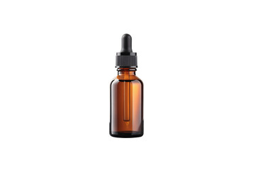 Fototapeta premium Dark amber glass bottle with black dropper cap and ribbed collar design standing upright, isolated on a transparent background