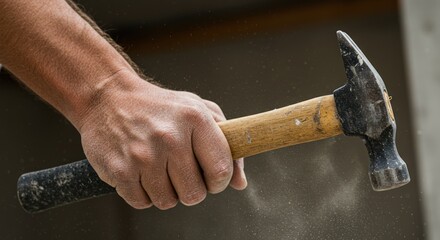 Hand holding a hammer with a wooden handle against a blurred background.