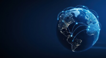 Globe with network connections on a dark blue background representing global communication.