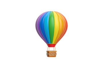 Fototapeta premium Colorful rainbow striped hot air balloon with wicker basket floating through the sky, isolated on a transparent background