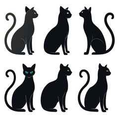 Black Cat Silhouettes Vector Set with Green and Blue Eyes isolated on white background