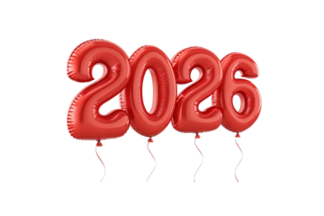Red foil number balloons spelling "2026" with ribbons attached floating in celebratory party display, isolated on a transparent background