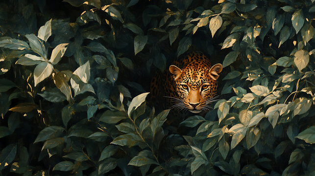 Leopard emerging from dense foliage to ambush an antelope in golden lighting 