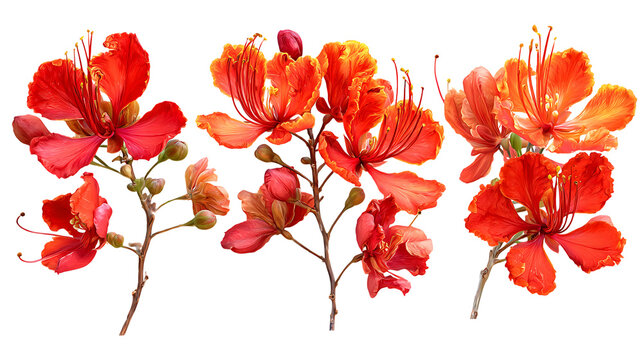 Vibrant flamboyant floral botanical illustration, tropical floral design element art on transparent background